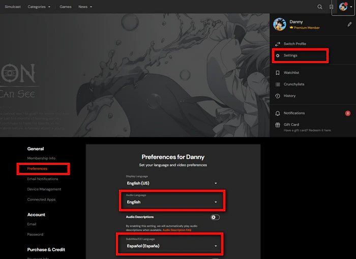crunchyroll default language web browser