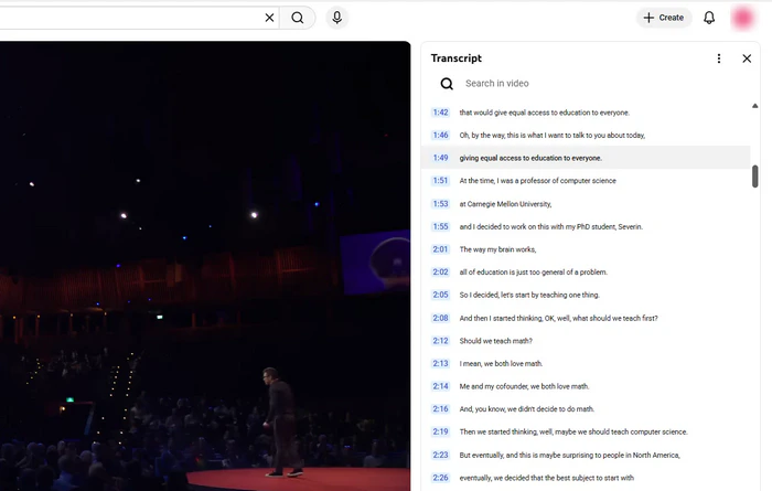 youtube transcript panel